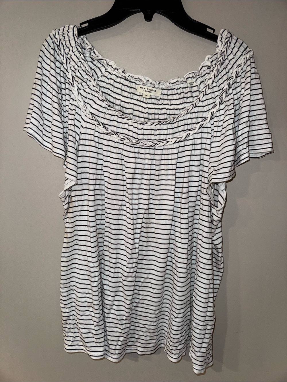 Max Studio London Womens M White Black Striped Scoop Neck Short Sleeve Blouse